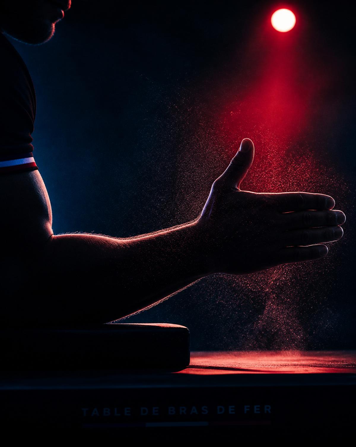 Silhouette d'un avant-bras en position de départ sous une lumière rouge, poudre de magnésie en suspension