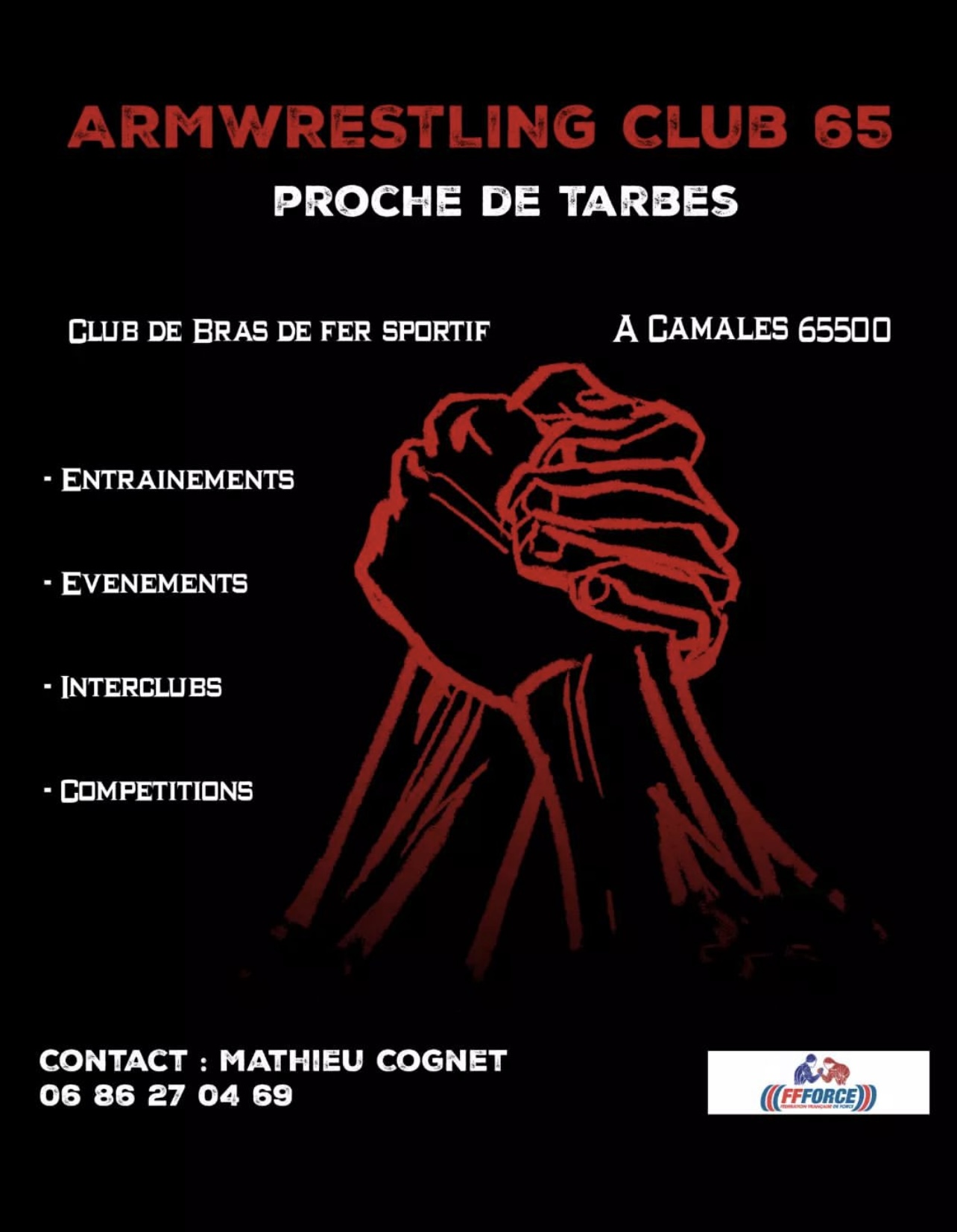 Affiche officielle Armwrestling Club 65 — contact Mathieu Cognet